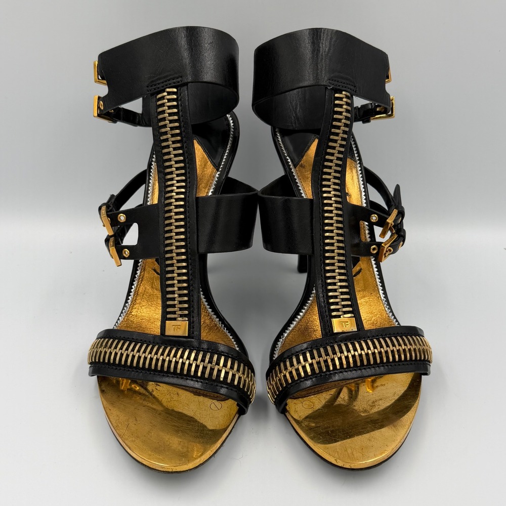 Tom Ford Black Leather Gold Zip T Strap Sandal Heels Size 38.5 Made Italy